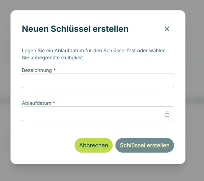 Dialog zum Erstellen eines neuen Schlüssels